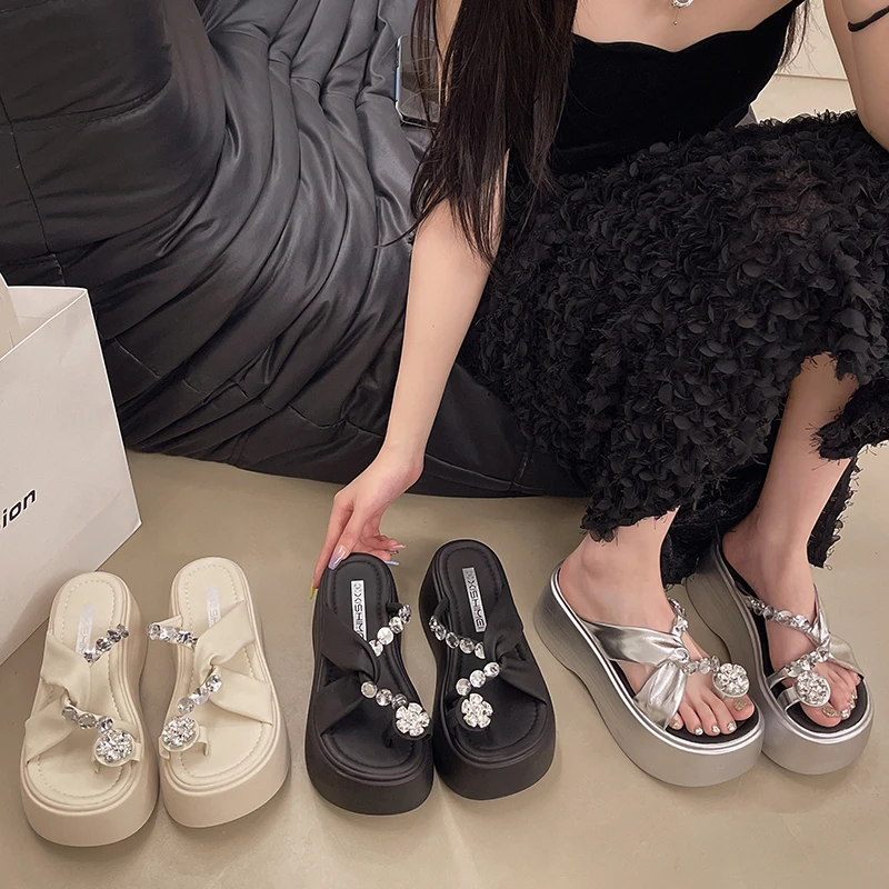 水钻高跟凉拖鞋女夏季外穿2024年新款高级感增高百搭厚底一字拖