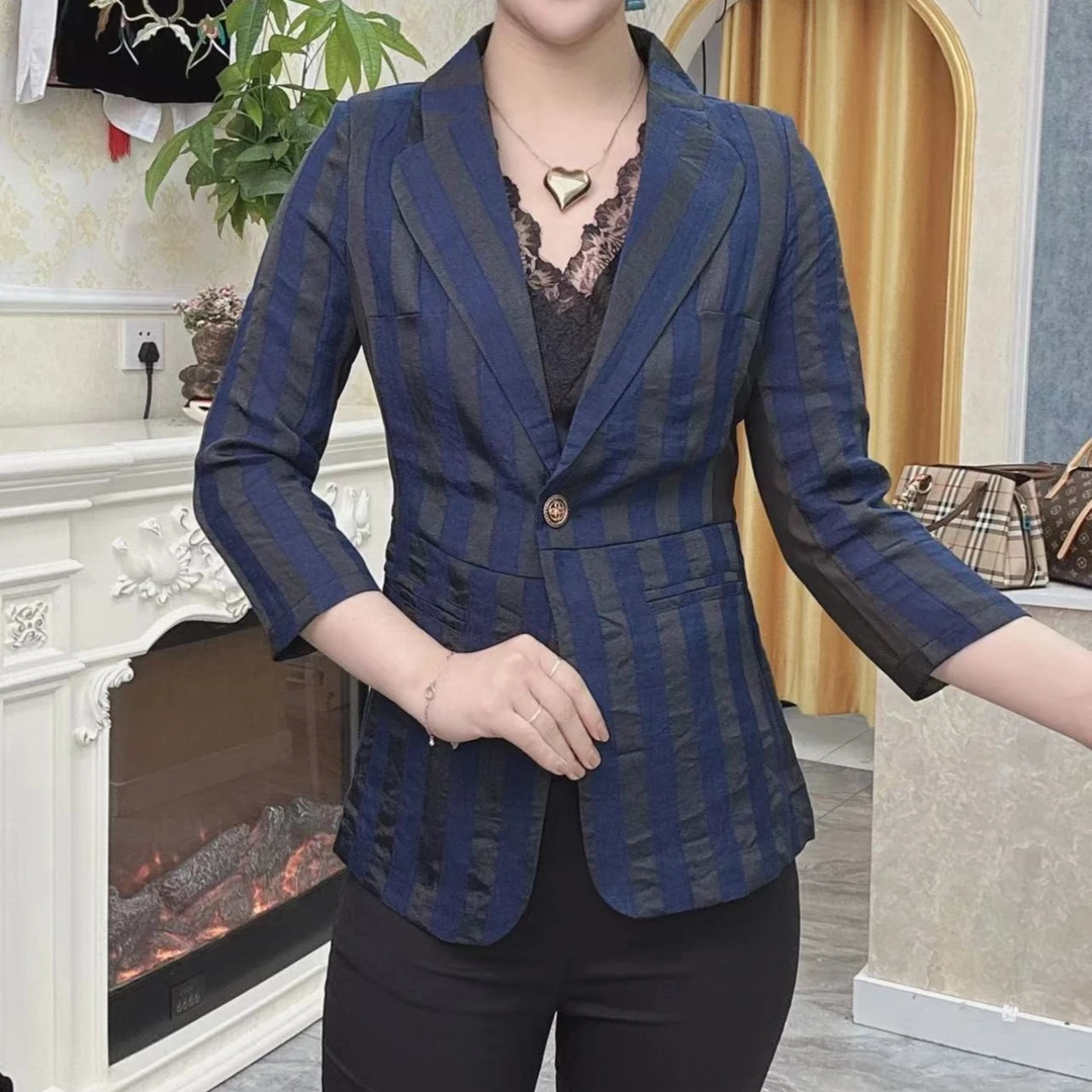 1012）雪颖家2025春季新款条纹西装休闲时尚气质修身显瘦蓝条西服