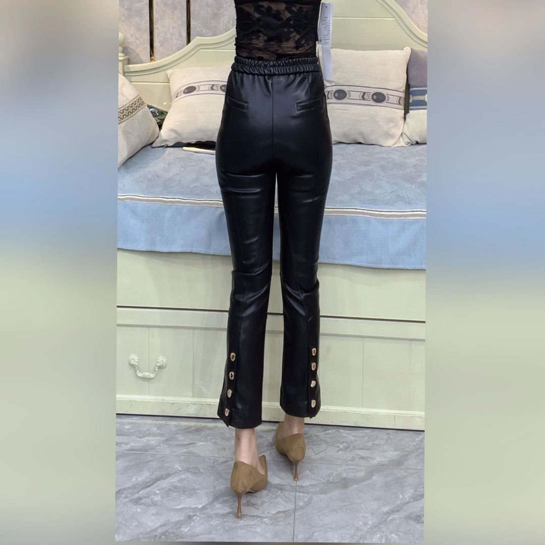 （6938）雪颖家2024年冬季新款显瘦高腰时尚微喇皮裤女