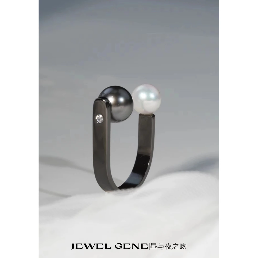 JEWEL GENE海水大溪地黑珍珠AKOYA双珠戒指银经典精工简约时尚