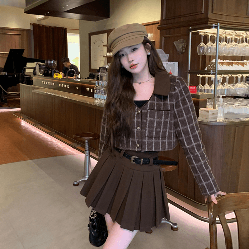 +秋冬法式复古小香风格子短外套半身裙红色套装连衣裙女