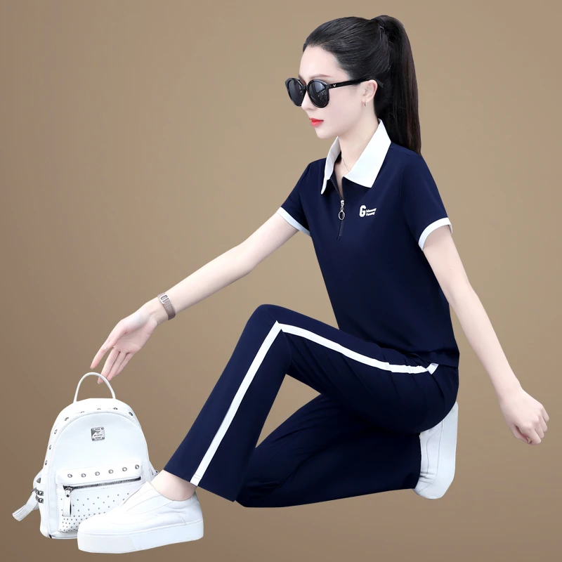 夏季运动服套装女休闲冰丝两件套洋气刺绣宽松短袖爬山跑步健身服