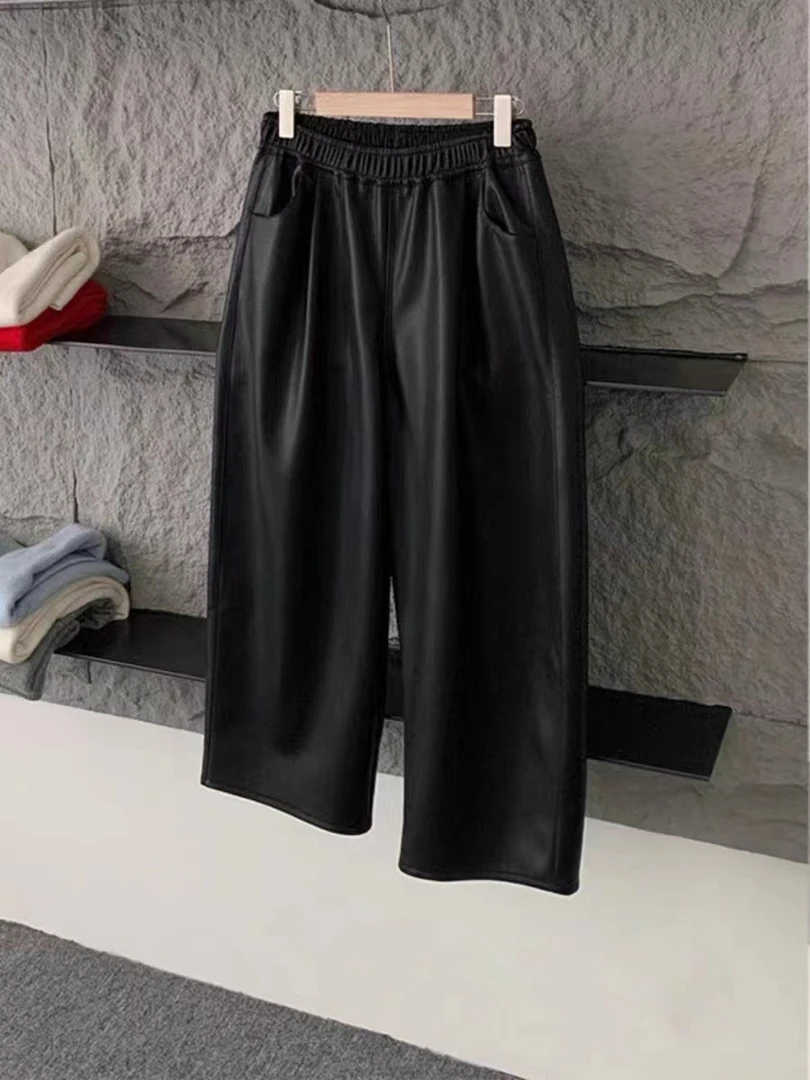 高腰松紧腰百搭皮裤时尚显瘦休闲阔腿裤