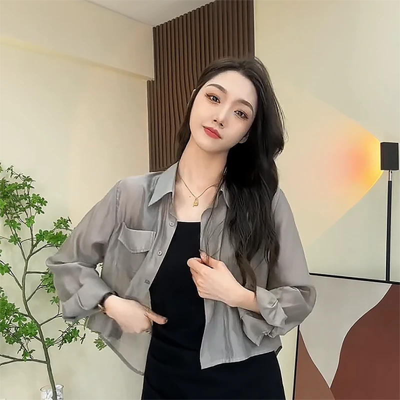 2024夏季新款半透明气质显瘦宽松短款衬衫百搭休闲长袖防晒衣