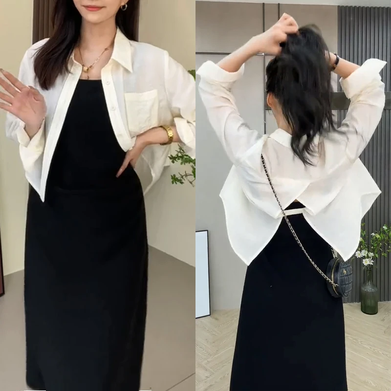 2025夏季新款连衣裙衬衫后开叉爆款吊带小黑裙显瘦套装两件套穿搭