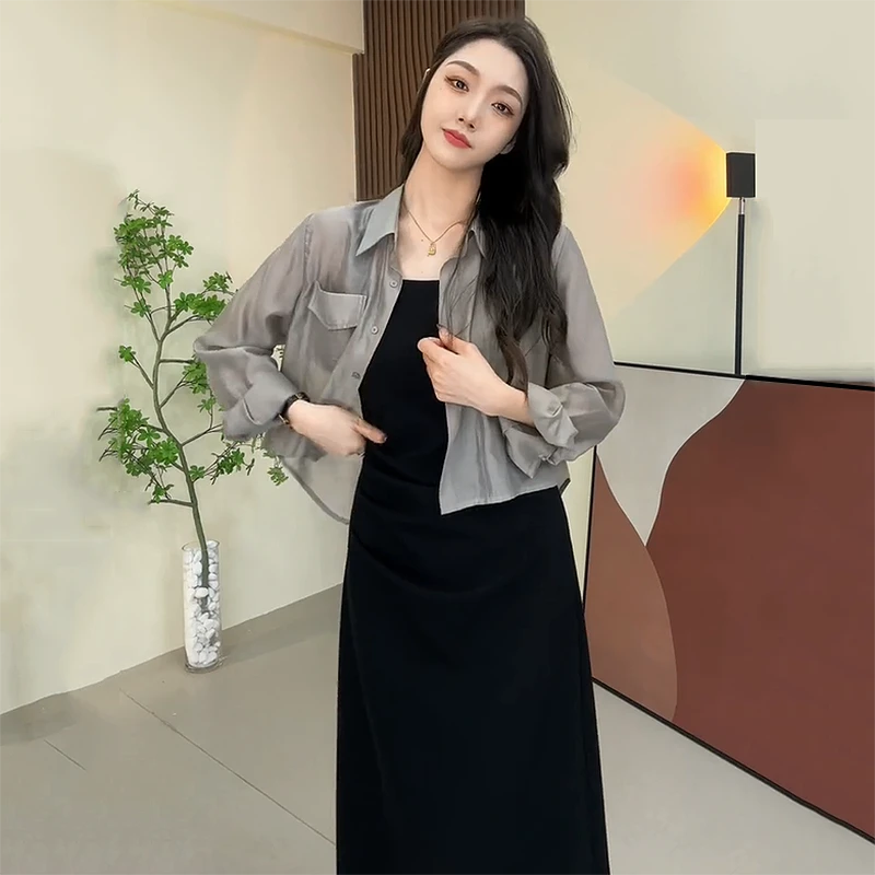 2025夏季防晒衣短款半透明衬衣学院风吊带显瘦中长裙女套装两件套