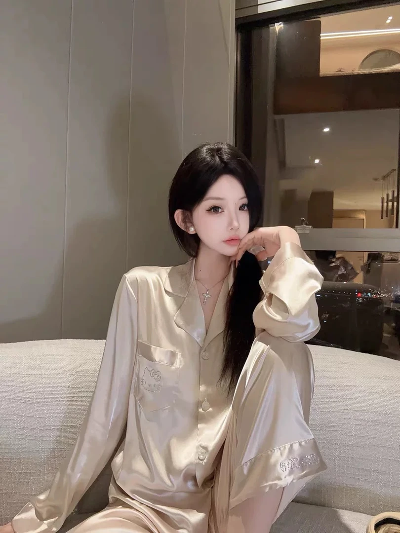 【鎏金kitty】烫钻凯蒂猫睡衣女春秋流光感香槟色高级家居服