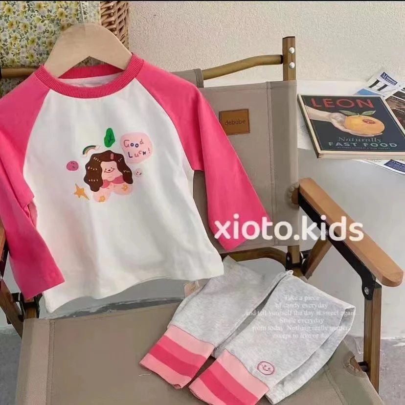 2023秋季新款韩版女童T恤撞色卡通印花打底衫打底裤22551+22551-1