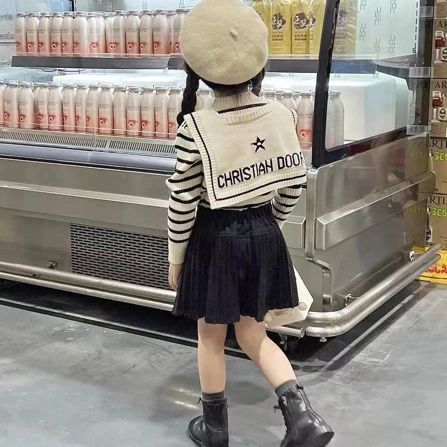 2023新款女童条纹披肩毛衣外套洋气百褶裙三件套22646+22647