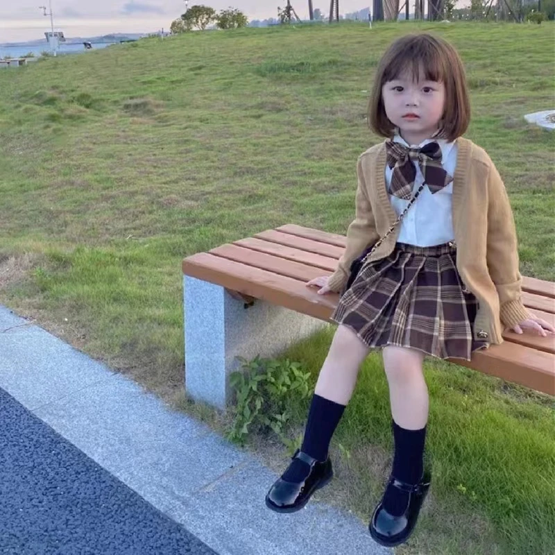 学院风套装2023蝴蝶结衬衫百褶裙针织衫套装22671+22672+22673