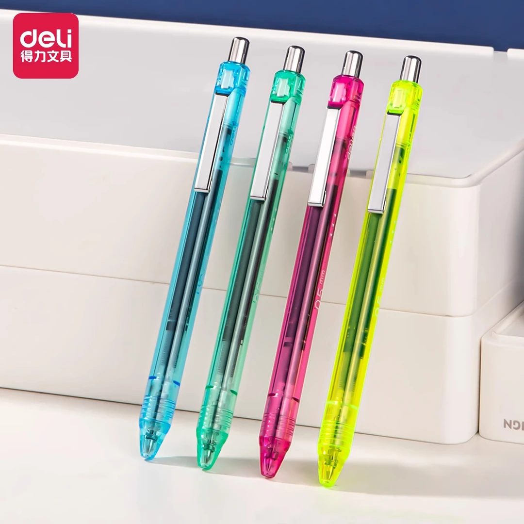 得力SF888-1按动直液式中性笔透明0.5mm子弹头大容量黑色水笔耐写