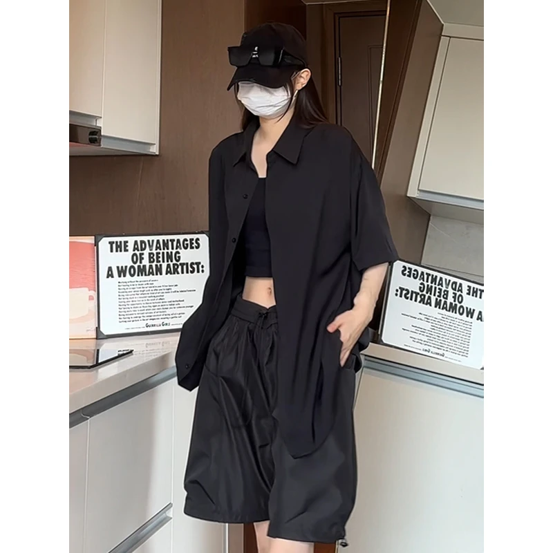 黑色冰丝短袖衬衫男夏季薄款高级感痞帅衬衣大码宽松休闲五分半袖