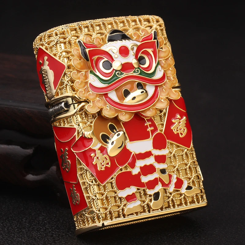 煤油打火机黄铜防风镀金花丝喜庆福个性唐狮舞狮火机镂空金色手工