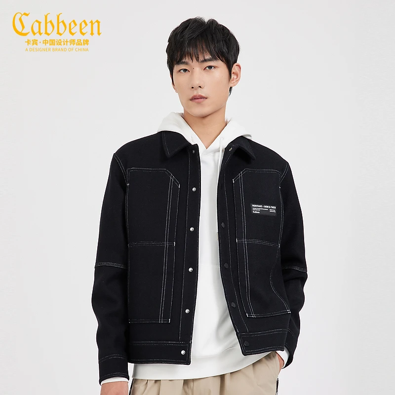 CABBEEN卡宾男装复古毛呢夹克秋冬宽松明线外套青年潮3213184001