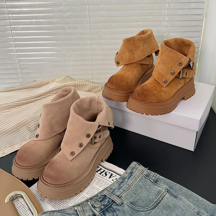 欧货厚底马丁靴女2024新款秋冬季大头英伦风大黄靴子复古短靴