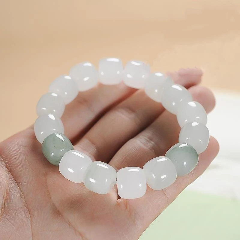 新疆天然玉石金丝玉天山翠老型珠手串翡翠色桶珠手链男女士