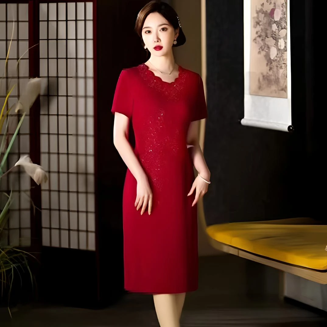 结婚喜妈妈礼服小个子婚礼喜婆婆婚宴装红色连衣裙夏季时尚礼服喜