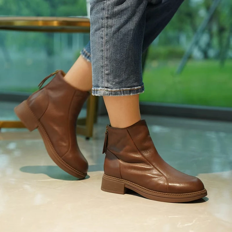 壹家shoes730014羊皮鞋面里垫羊皮短靴女2024新款秋圆头真皮女靴