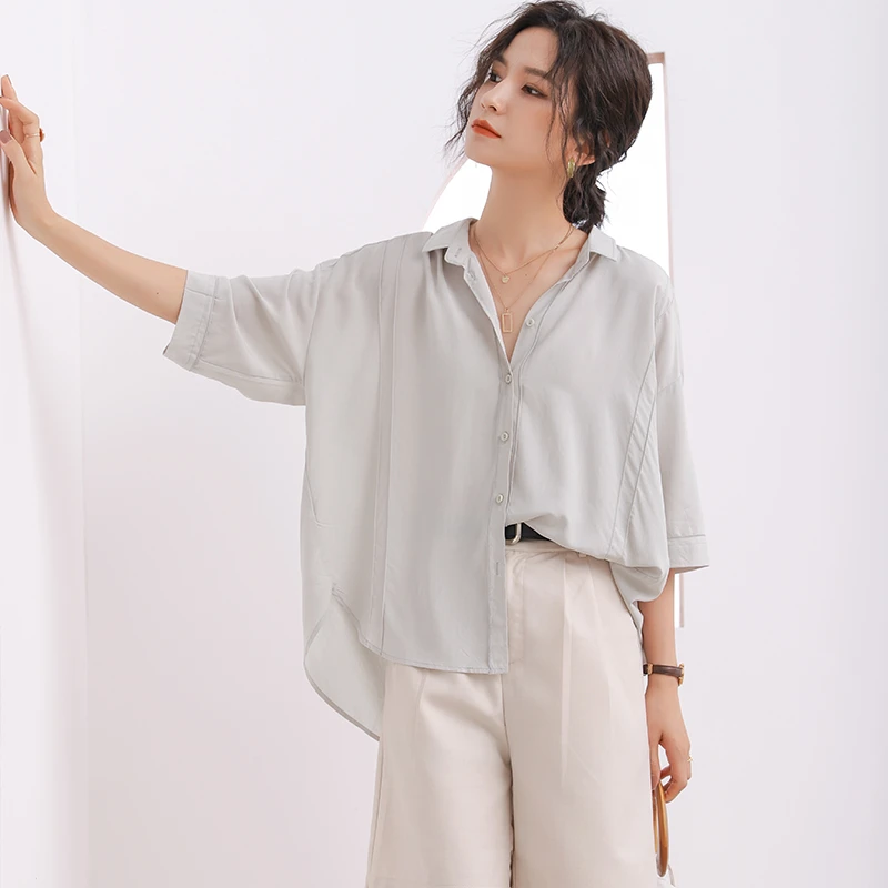 DianThia背后系带夏季短袖衬衫女薄款韩版宽松天丝垂感小众衬衣