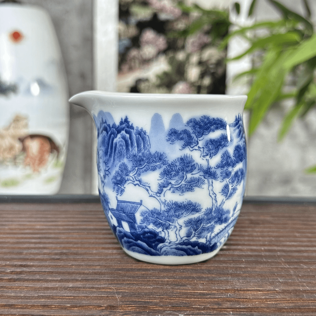 景德镇茶具青花山水溪山静庭仿古泥手工青花瓷公道杯BS