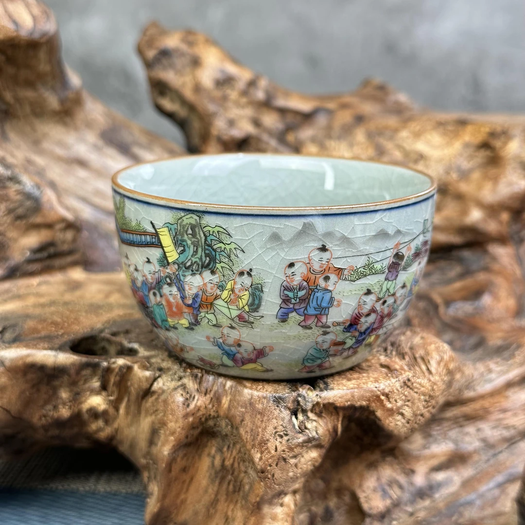 景德镇茶具粉彩百子图人物品茗杯老陶泥冰裂纹开片缠枝手工主人杯