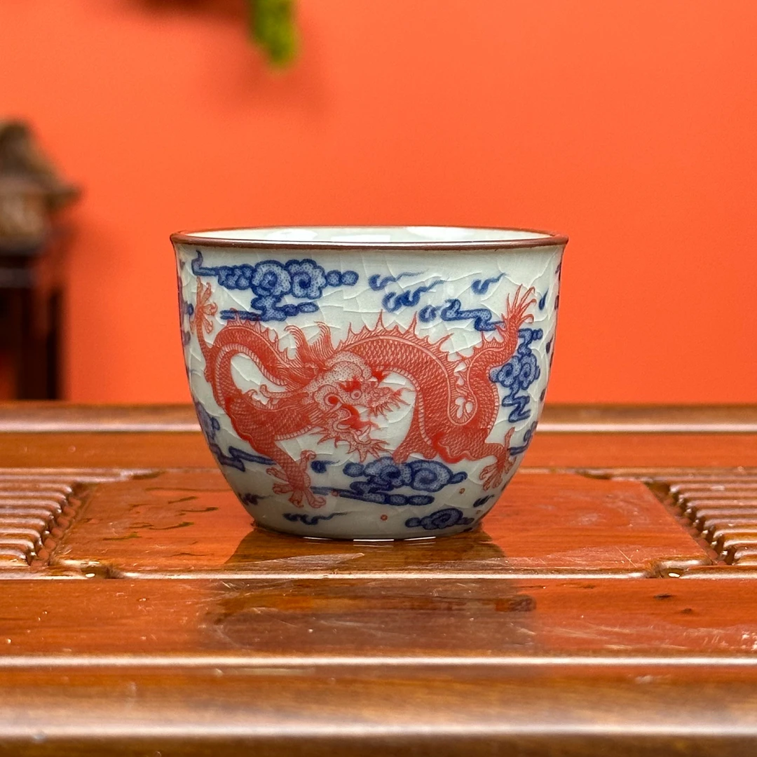 景德镇茶具青花釉里红九龙图老陶泥冰裂纹手工客杯品茗杯