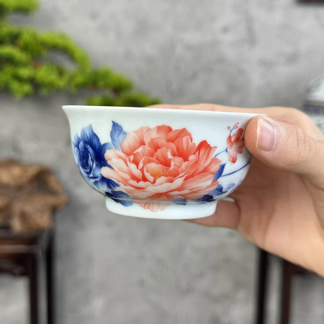 景德镇茶具高白泥国色天香牡丹陶瓷手工主人杯品茗杯