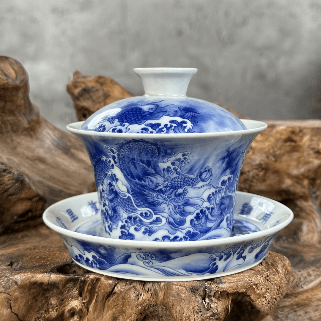 景德镇茶具青花鱼化龙仿古泥纯手工马蹄盖碗