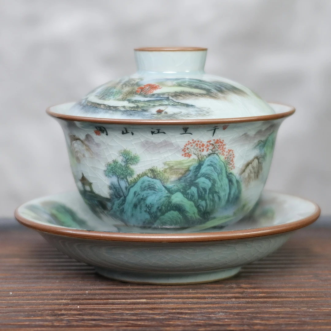 景德镇茶具粉彩堆雕千里江山图釉里红山水画冰裂纹手工三才盖碗SJ