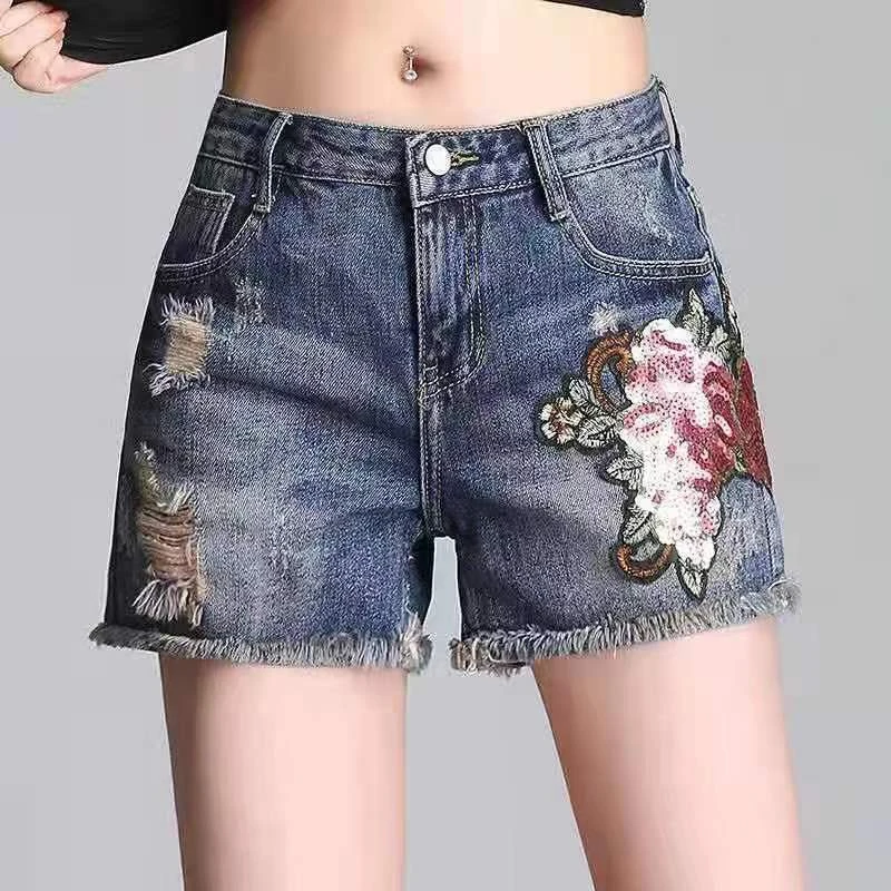 刺绣牛仔短裤女潮ins宽松高腰2025新款夏大码绣花a字阔腿裤女士潮