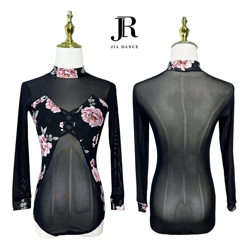 JR长袖性感黑色修身蕾丝拉丁舞摩登舞服JR134印花网纱上衣