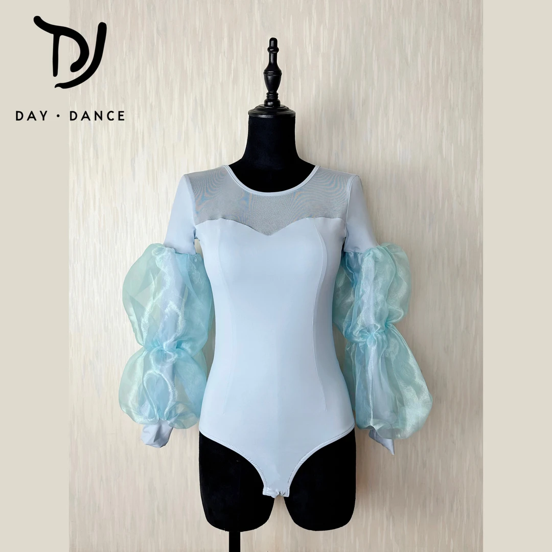 交谊舞爆款紧身国标拉丁舞衣服DAY·DANCE蓝灰色Y29泡泡袖上衣