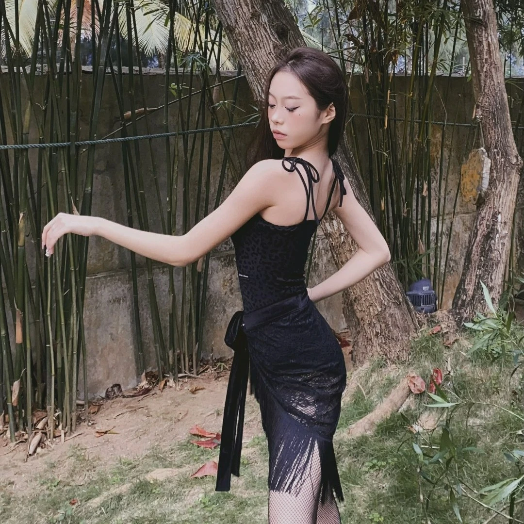 ELLA拉丁舞服E03豹纹吊带 E04三角巾蕾丝性感包臀露背夏季黑色
