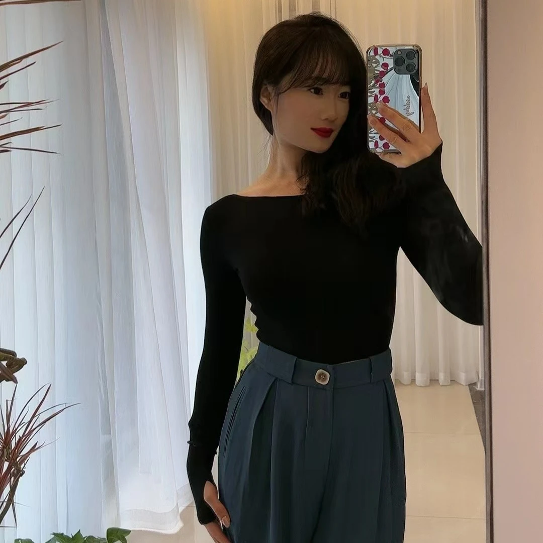 ROSA舞服纽带上衣R04显瘦长袖百搭黑色修身气质网红短款时尚女士