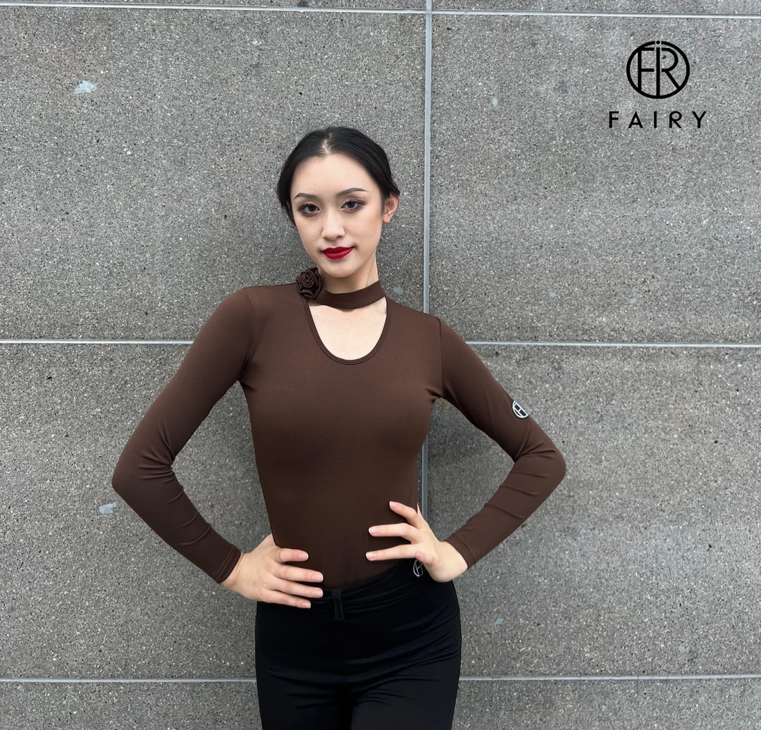 Fairy舞服062手工玫瑰长袖带底裤无痕弹力秋冬气质拉丁舞女士修身