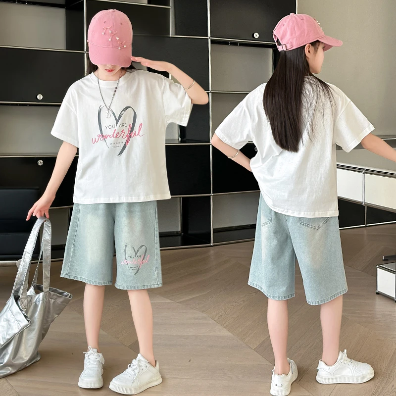 女童夏装套装2024新款休闲儿童洋气时髦中大童夏季牛仔短裤两件套