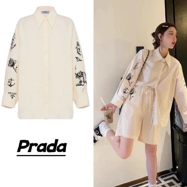 全新未使用 Prada/普拉达 Prada 女士海洋图案棉质衬衣 WSN30063