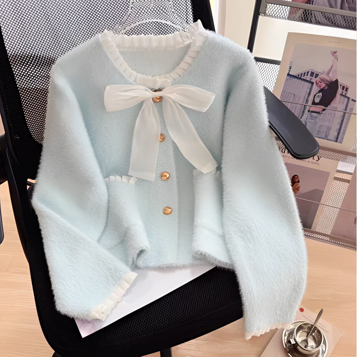 蝴蝶结花边领开衫外套女秋冬新款仿水貂绒法式名媛针织衫上衣百搭