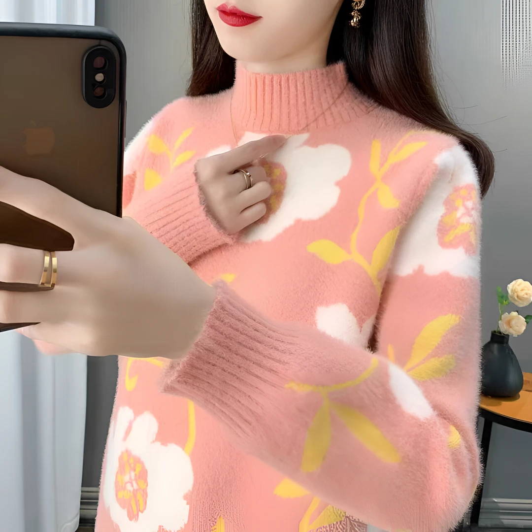 半高领加绒加厚提花毛衣女秋冬新款韩版宽松仿水貂绒针织打底衫潮