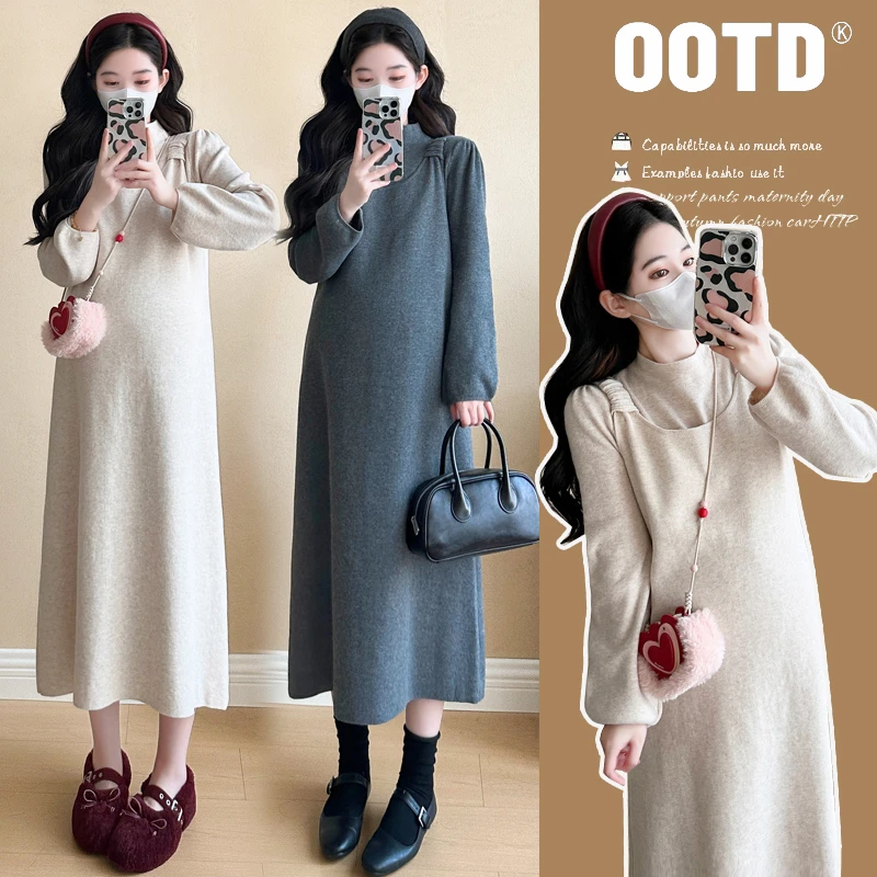 【嗒嗒】2024秋冬新款孕妇连衣裙韩版背心裙灯笼袖半高领打底套装