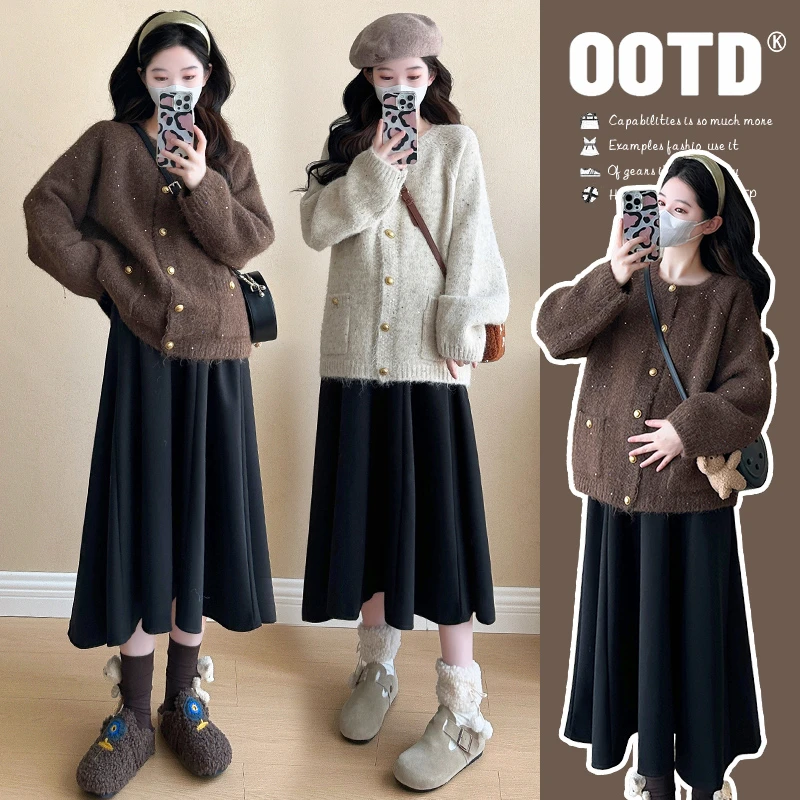 【嗒嗒】孕妇装2024秋冬时尚宽松开衫毛衣显瘦外套+托腹半身裙