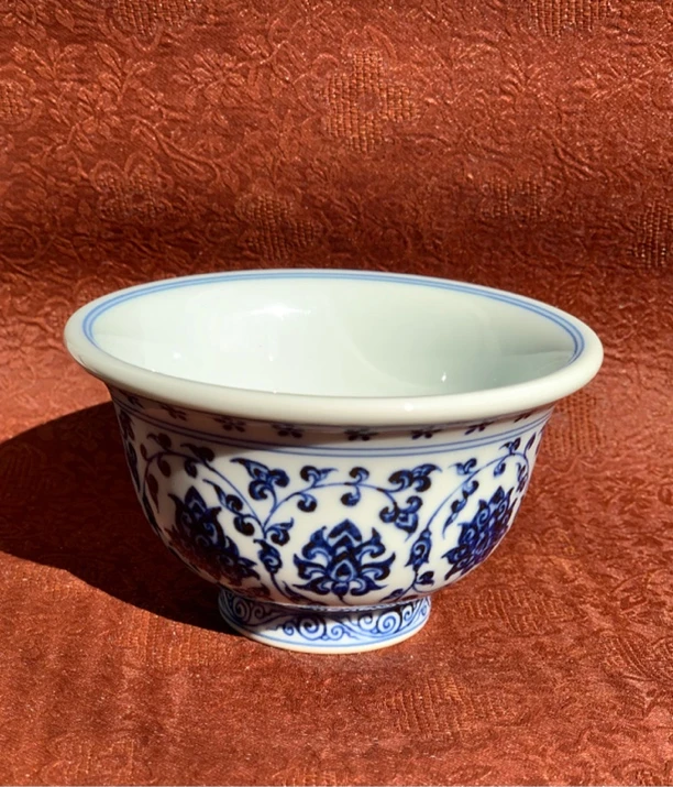 【阳春白雪】经典必入款明永乐缠枝莲压手杯景德镇青花瓷手工手绘