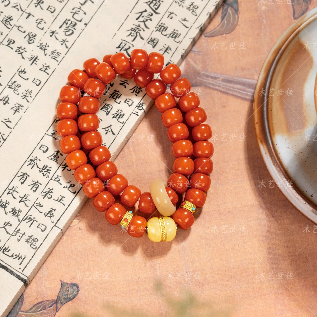 天然白菩提橙菩提橙色手串好柿成双带跑环双圈