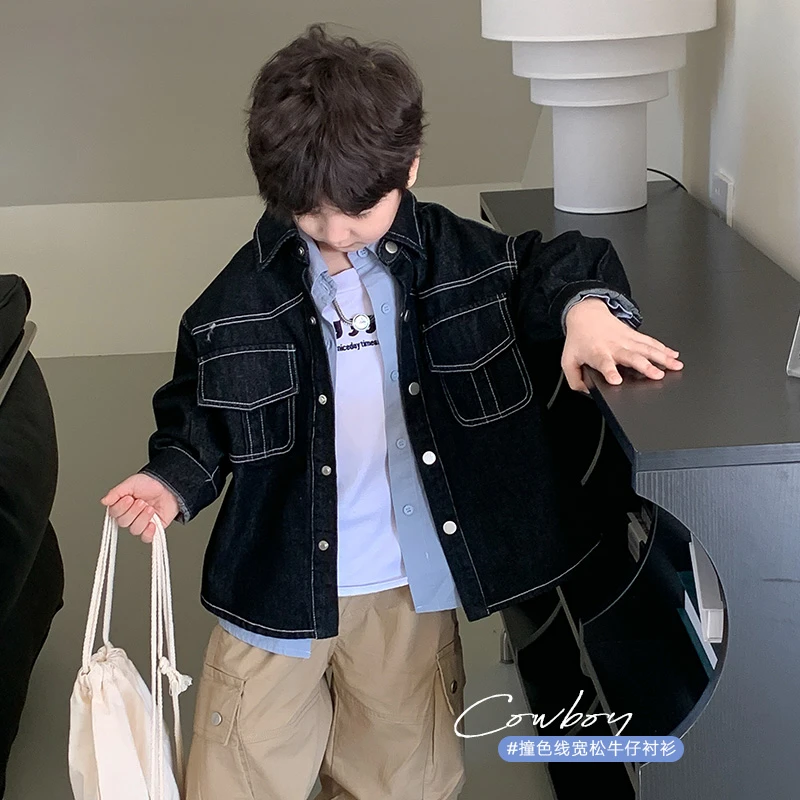 男童牛仔衣春季儿童宽松衬衫外套春秋男孩子洋气潮宽松春装 37249