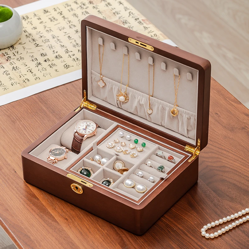首饰盒/箱 实木双层带锁首饰盒项链手表耳钉手镯收纳盒卧室饰品盒