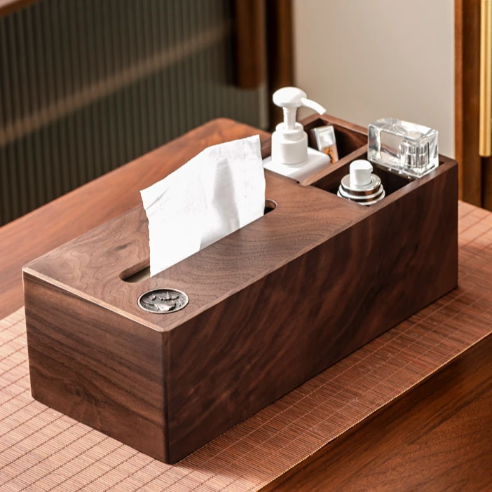 黑胡桃木纸巾盒带遥控器收纳新中式客厅加大木质抽纸盒