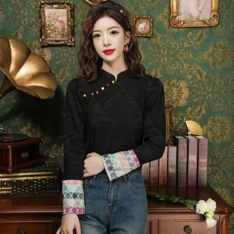 2024年秋季新款时尚百搭中式拼接撞色T恤女修身显瘦百搭打底上衣