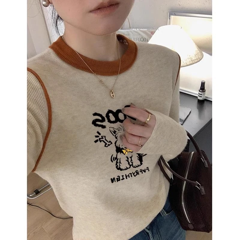 奶fufu高级感撞色针织T恤衫女秋冬时尚洋气高级感修身内搭打底衫