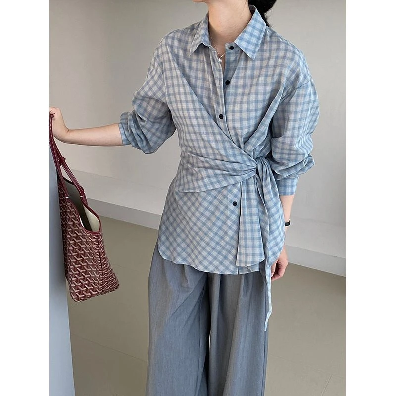 韩代私服清冷设计感绑带显瘦衬衫女秋长袖开叉格子上衣 119