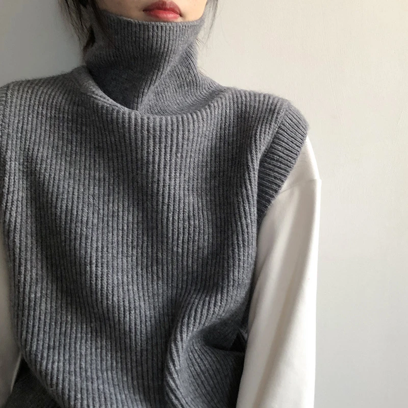 纯色高领无袖毛衣女2023春季新款复古叠穿外搭针织背心B068